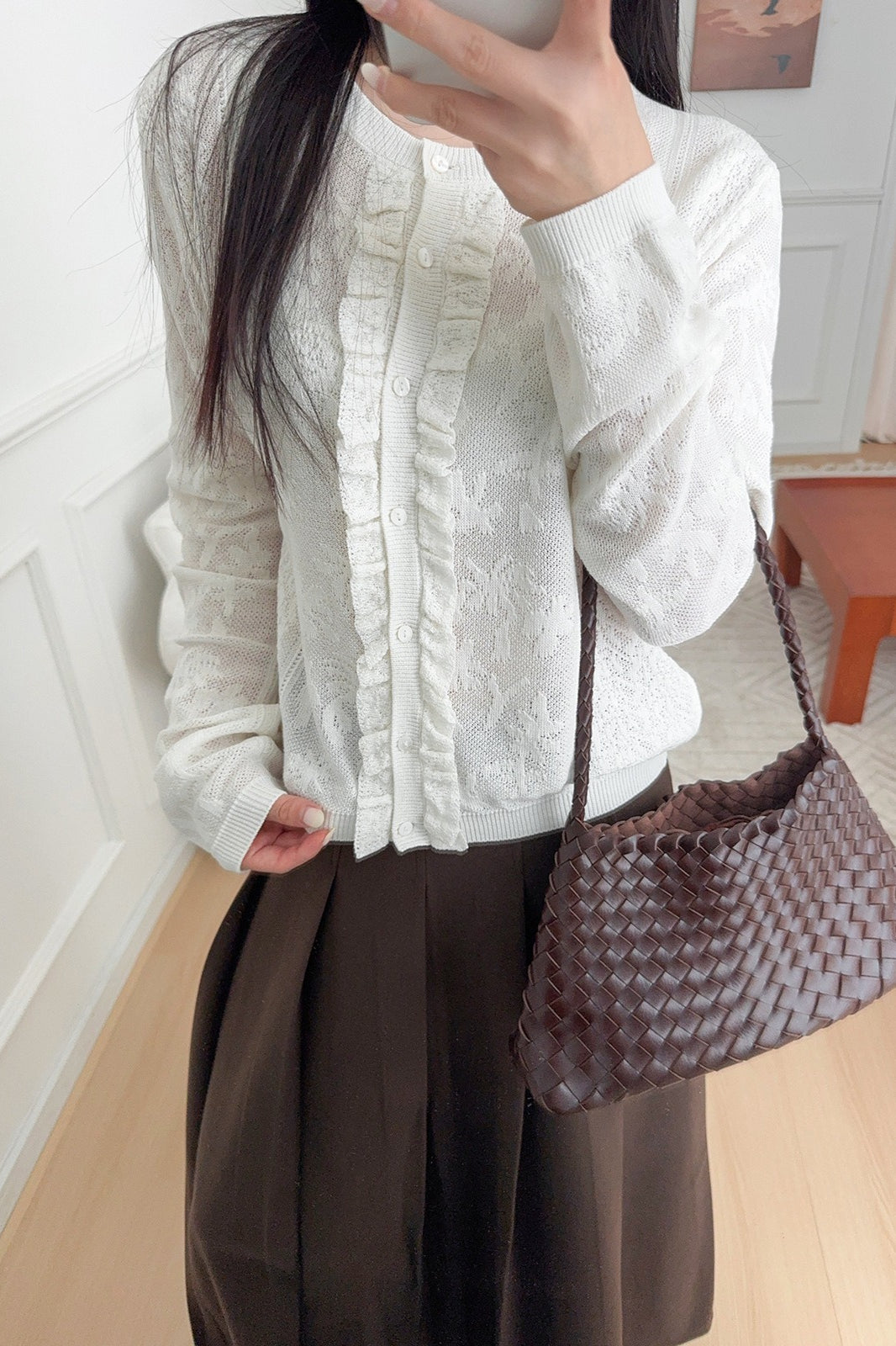 Soft-style Stand-collar Frog-button Lace Cutout Cardigan