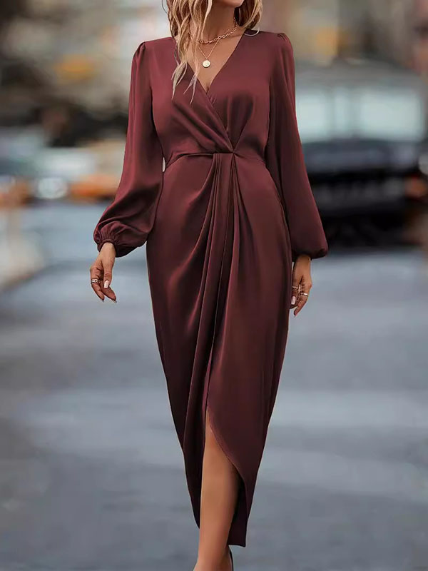 Loose Puff Sleeves Pleated Color Split-joint V-neck Midi Dresses