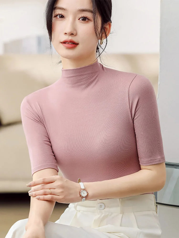 Half Turtleneck Milk Silk Tops Short Sleeve Slim T-shirt Color Basic Trend Bottoming Shirt High Street Blouse
