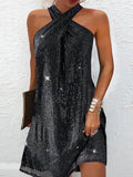 A-line Loose Hollow Sequined Color Halter-neck Mini Dresses