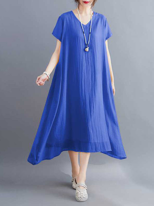A-line Loose Color V-neck Midi Dresses