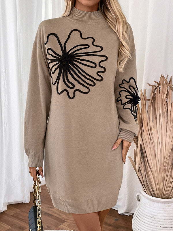 Long Sleeves Loose Knitted Flower Split-joint Mock Neck Mini Dresses Sweater Dresses