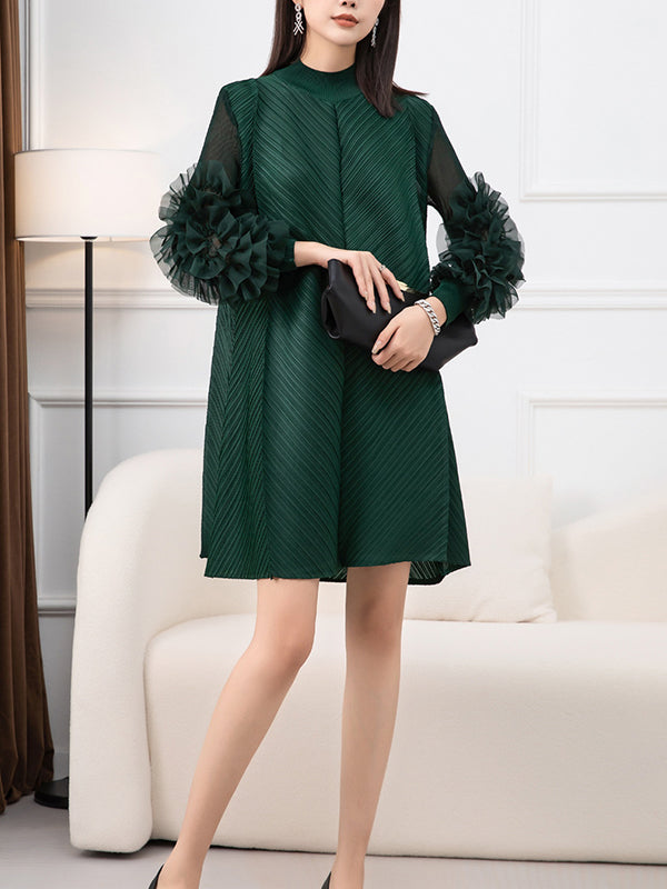 Long Sleeves Loose Embroidered Pleated Color Round-neck Midi Dresses