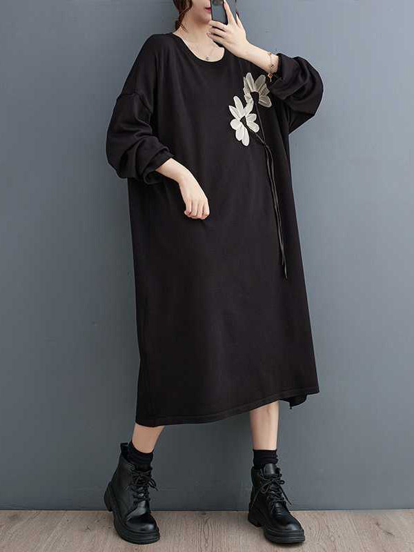 A-line Long Sleeves Flower Print Keep Warm Round-neck Midi Dresses