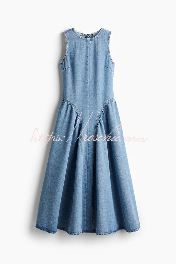 Classic and Stylish Denim Open Back Tie-up Gathered Hip Stretch Midi Dress