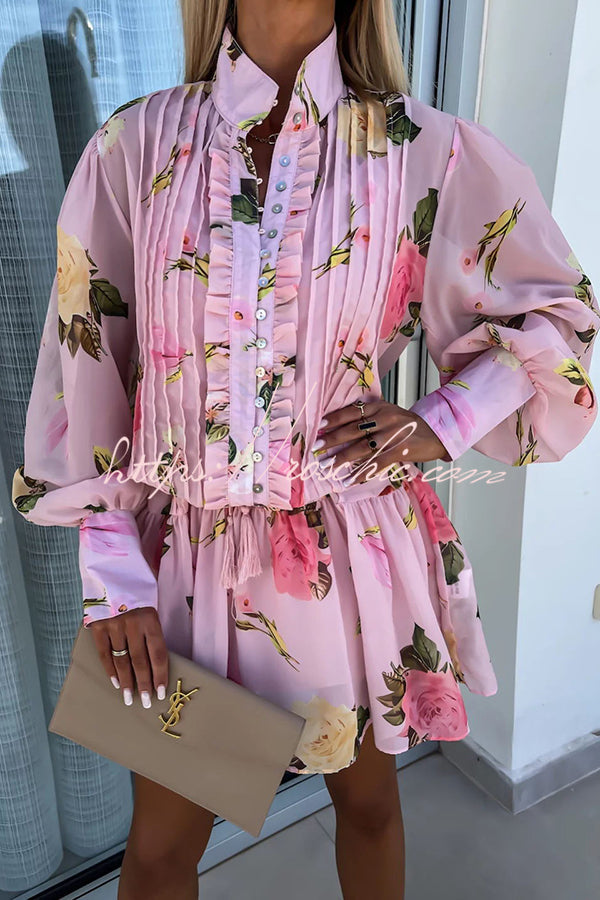 Sunset and Dreams Print Subtle Tuck Lantern Sleeve Belt Mini Dress