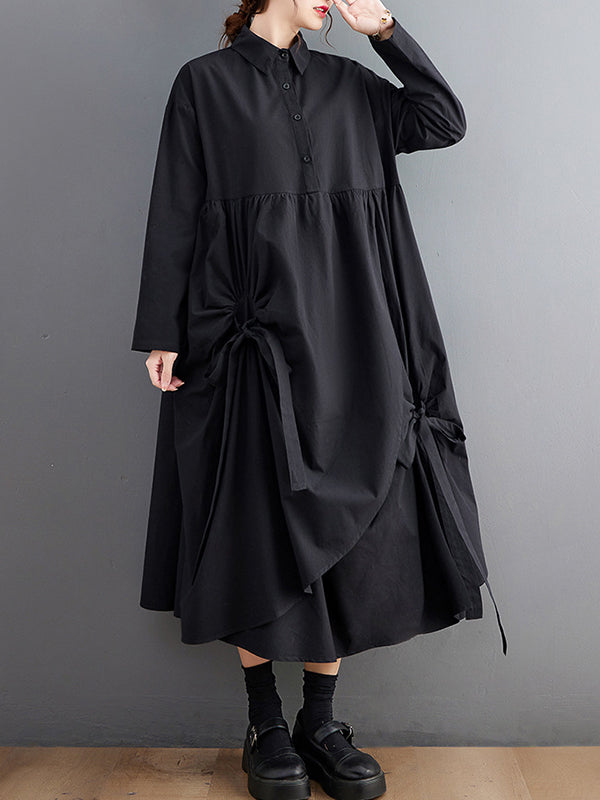 A-line Long Sleeves Buttoned Pleated Pockets Color Tied Lapel Midi Dresses Shirt Dress
