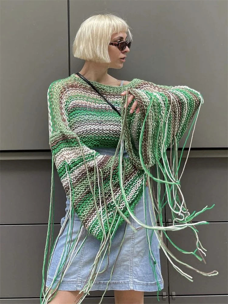 Knitted Tassels Cover Ups for Swimwear Loose Rainbow Shirt Sweater Holiday Crop Pullover Femme