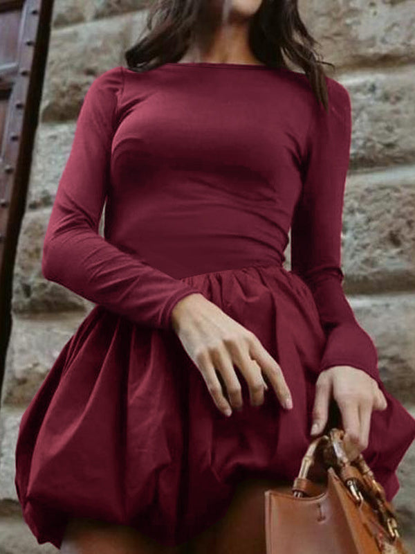 Long Sleeves Skinny Pleated Color Split-joint Round-neck Mini Dresses