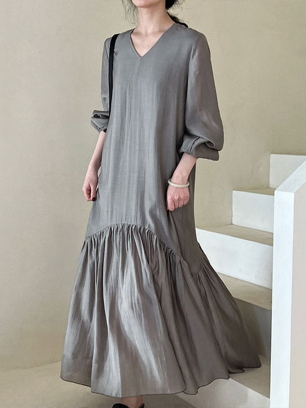 High Waisted Long Sleeves Elasticity Pleated Color Split-joint Zipper V-neck Midi Dresses