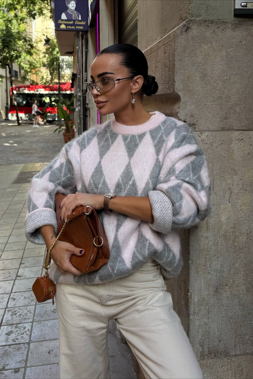 High End Argyle Knit Crewneck Lazy Street Sweater