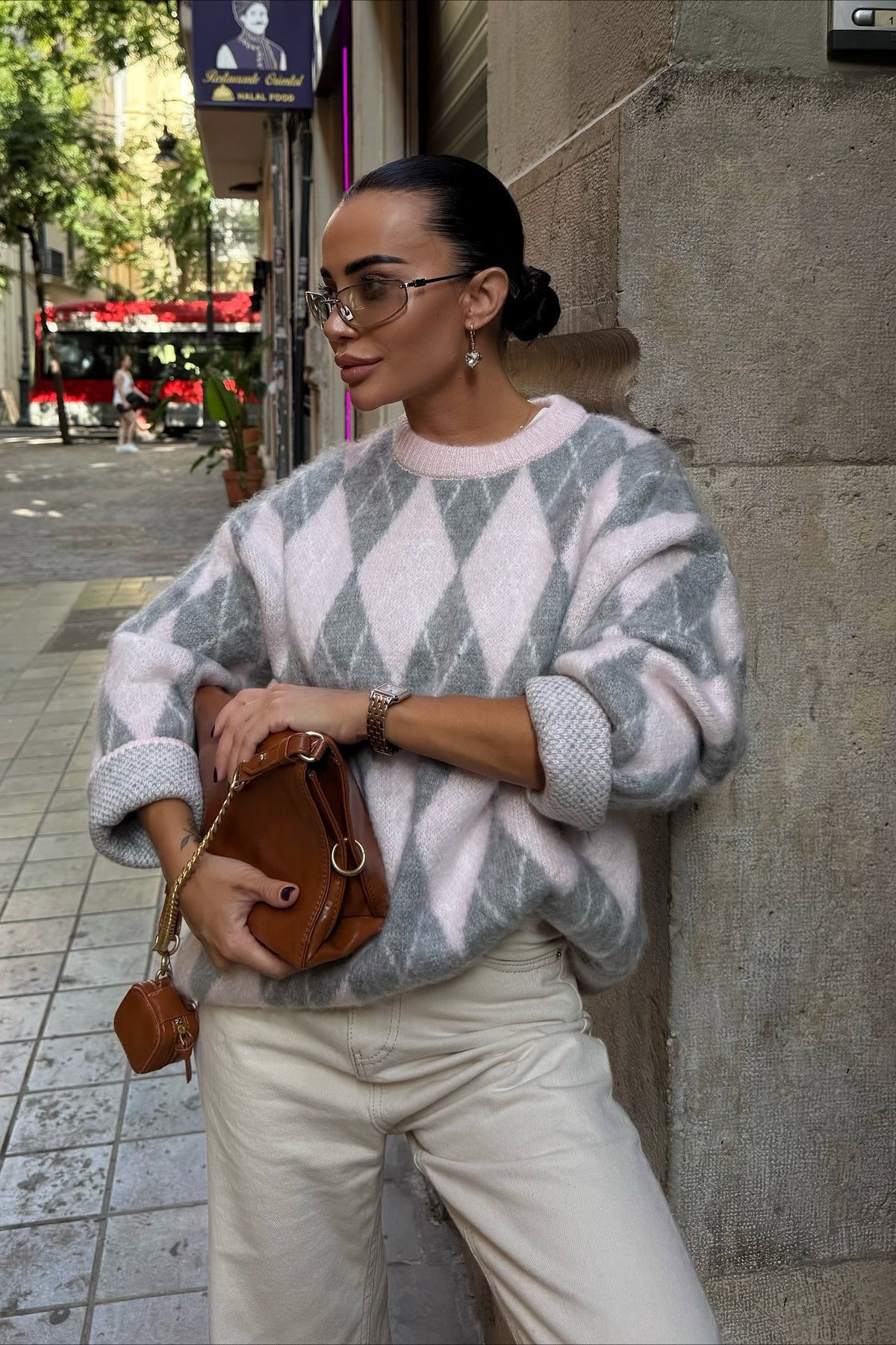 High End Argyle Knit Crewneck Lazy Street Sweater