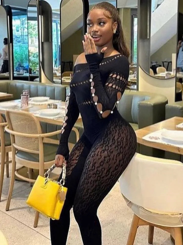 Long Sleeved Mesh Hollow Out Patch Jumpsuit Fall New Elastic Tight Fitting Female Street Club Clothing