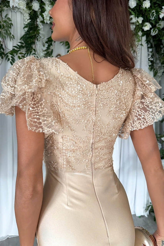 Dreamy Lace and Satin Patchwork Ruffle Sleeve Ruched Midi Dress