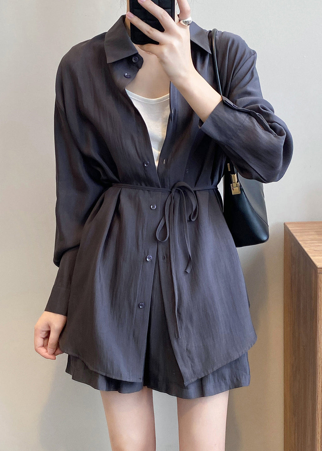 Spring Button Gray Peter Dark Silk Pan Collar Two-piece Set