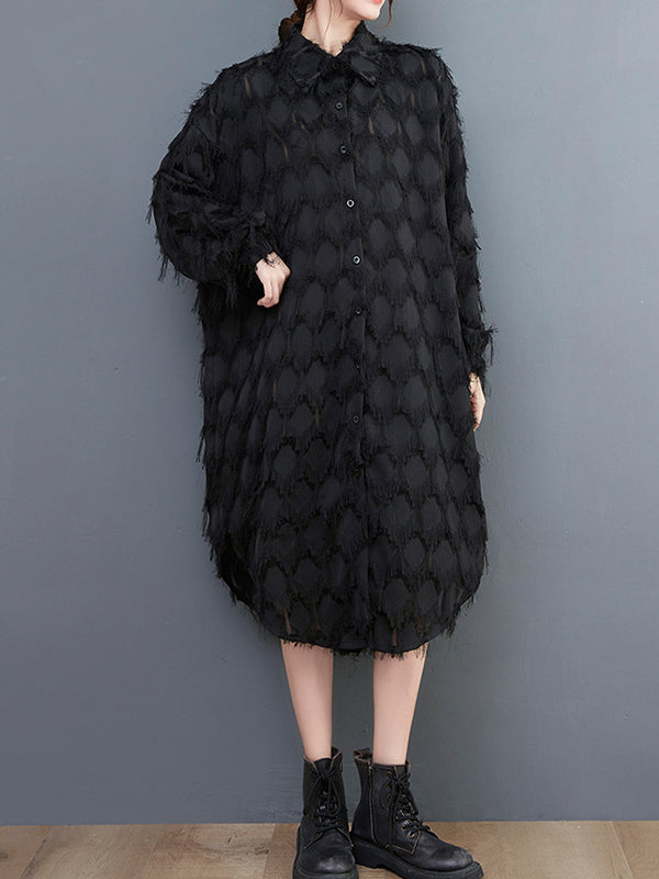 Stylish Long Sleeves Loose Tasseled Color High-neck Midi Dresses