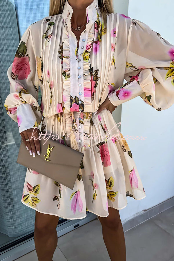 Sunset and Dreams Print Subtle Tuck Lantern Sleeve Belt Mini Dress