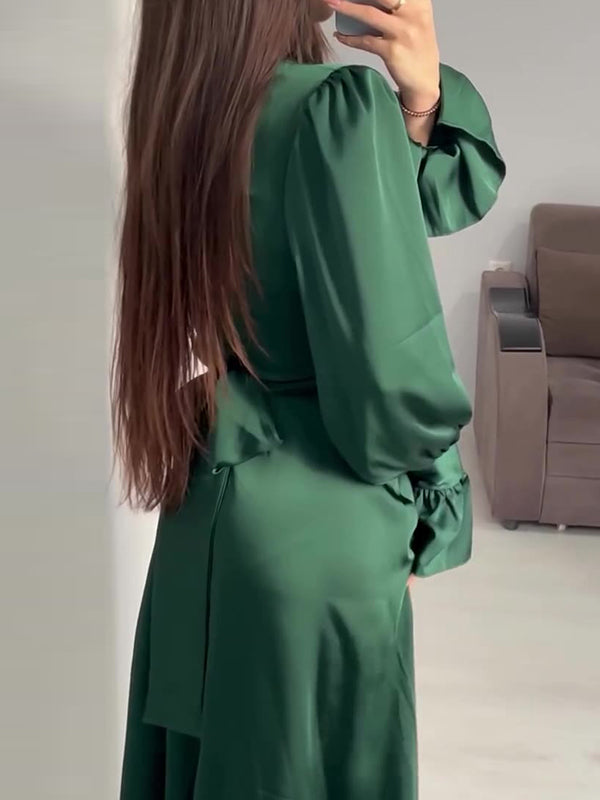 A-line Long Sleeves Pleated Color Tied Waist Zipper Mock Neck Maxi Dresses