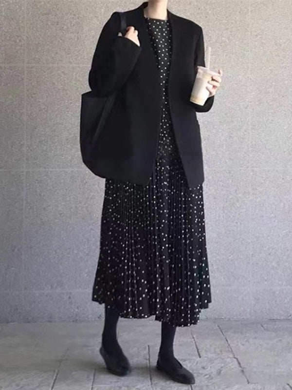 Long Sleeves Loose Elasticity Pleated Polka-dot Split-joint Round-neck Midi Dresses