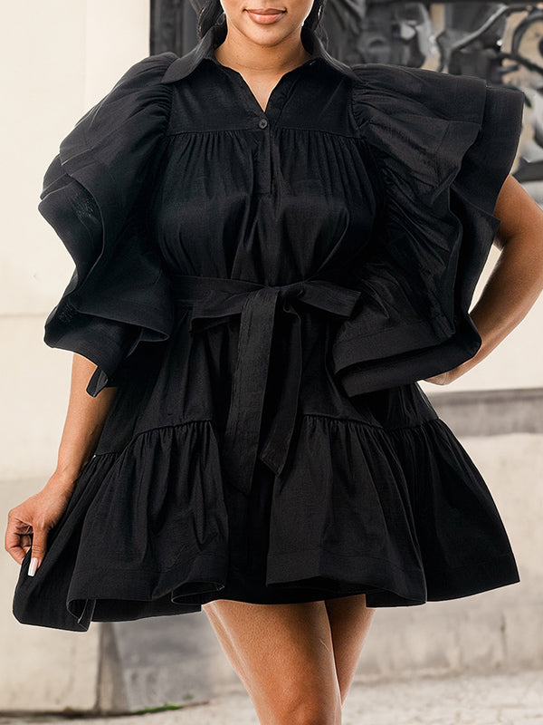 A-line High Waisted Buttoned Pleated Ruffled Color Tied Waist Lapel Mini Dresses