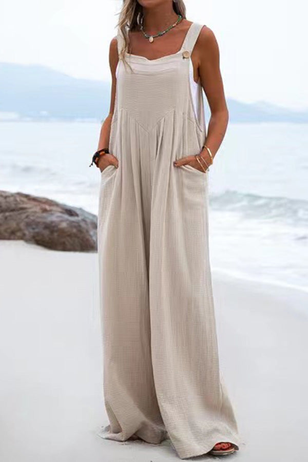 Button Suspender Wide Leg Line Jumpsuit