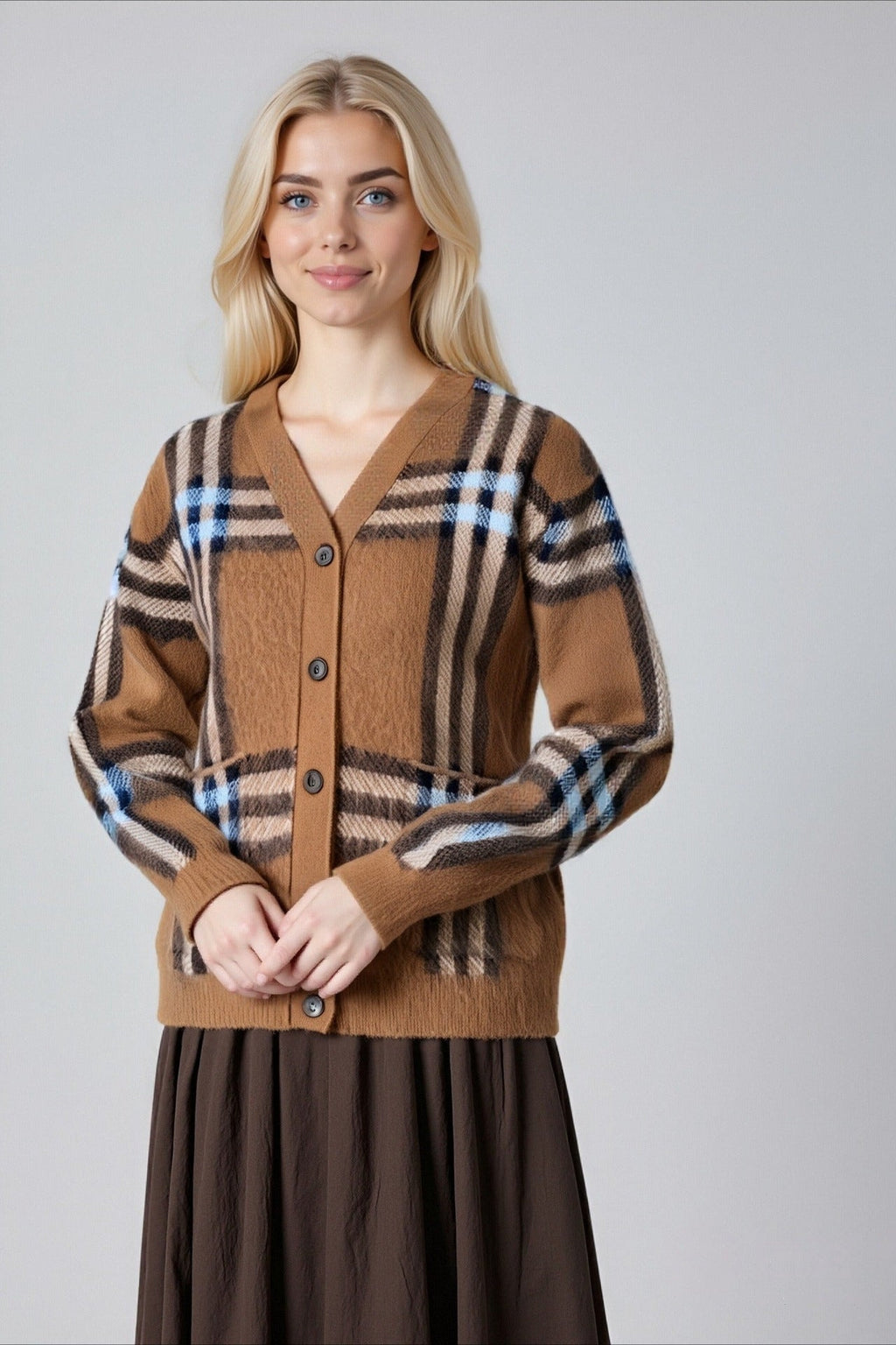 Plaid Retro Loose V Neck Knit Cardigan