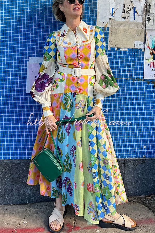 Bold and Irregular Unique Print Balloon Sleeve Belt Shirt Midi Dress