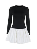 Long Sleeves Skinny Contrast Color Pleated Split-joint Round-neck Mini Dresses