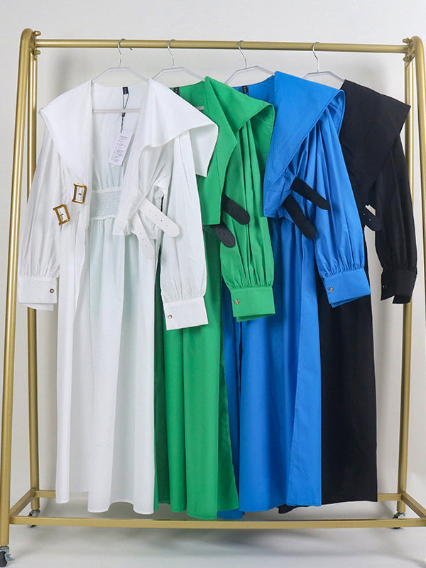 High Waisted Long Sleeves Asymmetric Belted Pleated Color Lapel Midi Dresses