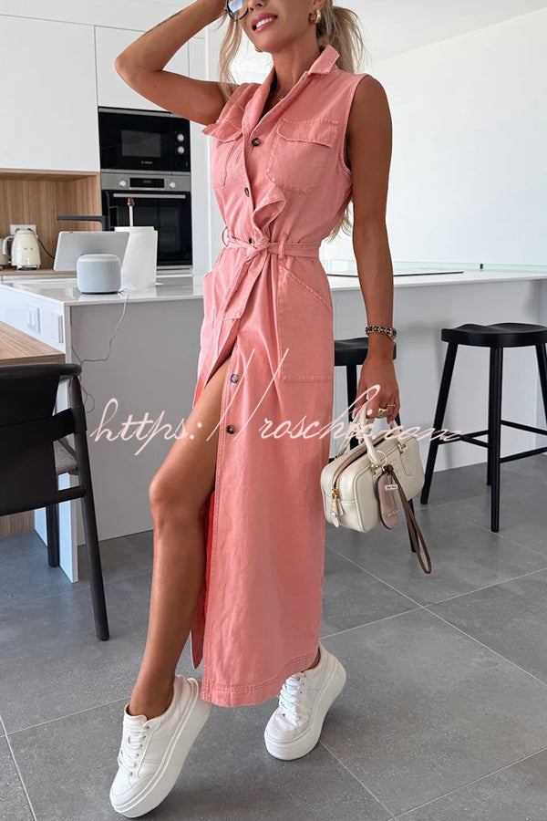 Color Sleeveless Single Breasted Waist Tie Pocket Denim Midi Dress