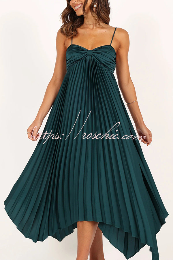 Color Suspender Pleated Irregular Midi Dress