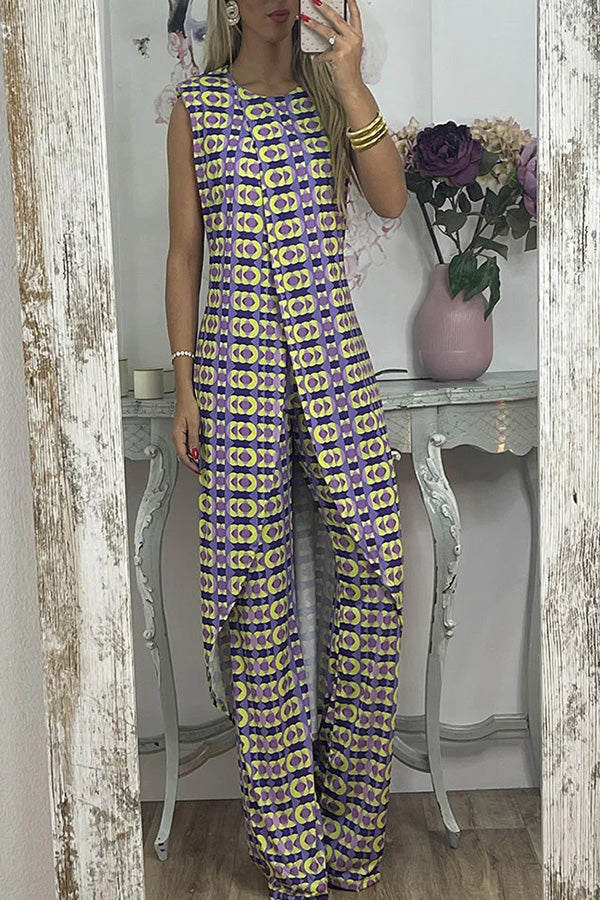 Retro Print Split Top Two-piece Set