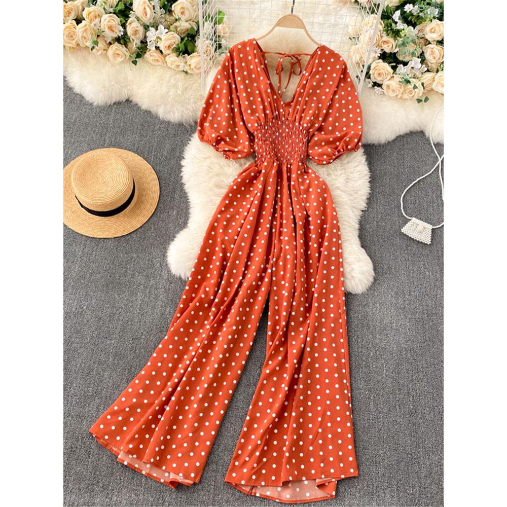 Stylish Army Green V-neck Polka Dot Puff Sleeve Wide Leg Jumpsuit