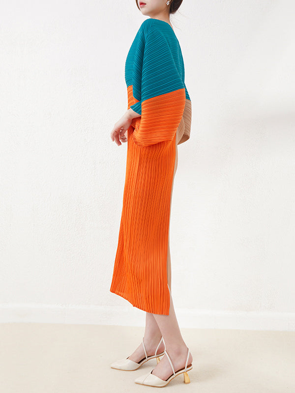 Original Loose Contrast Color Pleated V-neck Midi Dresses