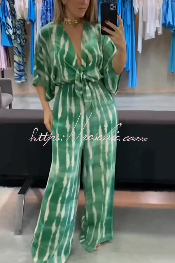 Striped Print V-neck Lace-up Wide-leg Jumpsuit