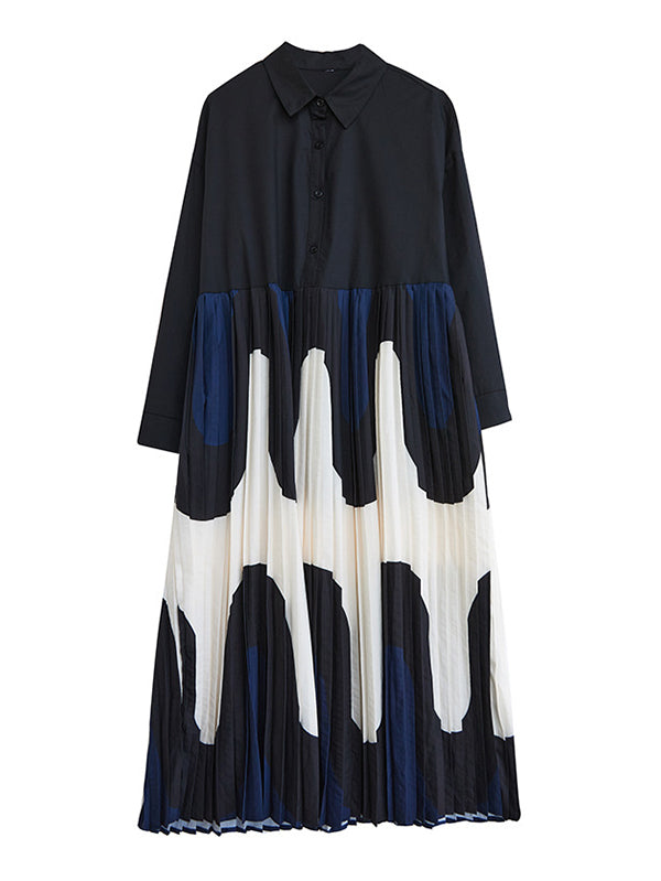 A-line Long Sleeves Contrast Color Pleated Printing Split-joint Polo Midi Dresses