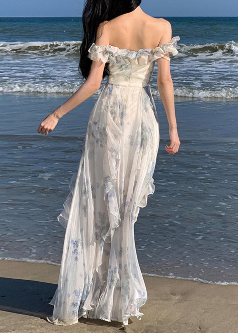 Ruffled Print Patchwork Chiffon Long Dresses Summer Tt1020