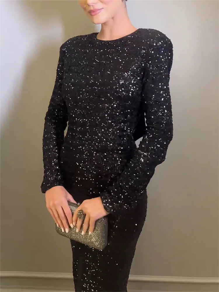Tee Bow Sequin Slim Maxi Dress for Backless Split Glitter Club Party Dress Long Sleeve Dress