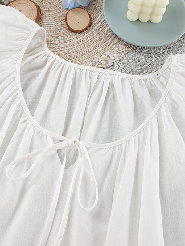 Loose Puff Sleeves Lace-up Pleated See-through Color V-neck Mini Dresses Sleep Dress