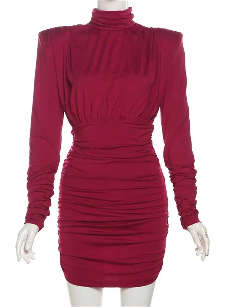 Pleated High Waist Slim Mini Dress Female Long Sleeve Patchwork Commute Dress Autumn Dress