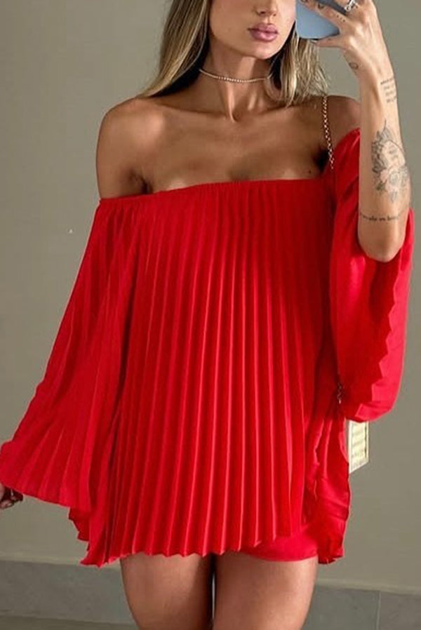 Off-the-shoulder Pleated Loose Top and Elastic Waist Shorts Set