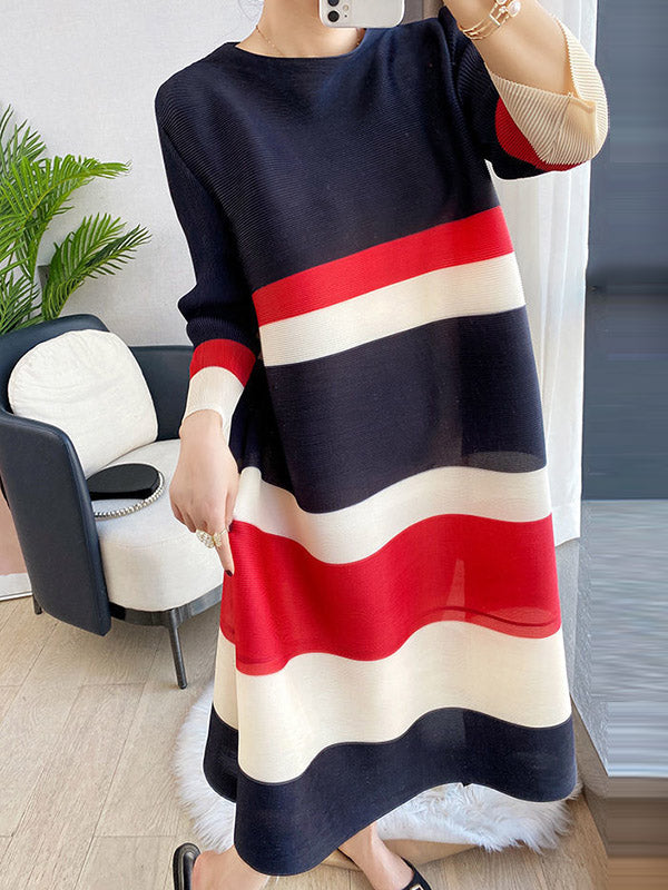 A-line Loose Pleated Striped Round-neck Midi Dresses