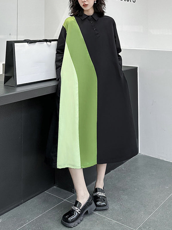 Long Sleeves Loose Asymmetric Buttoned Contrast Color Split-joint Lapel Midi Dresses Shirt Dress