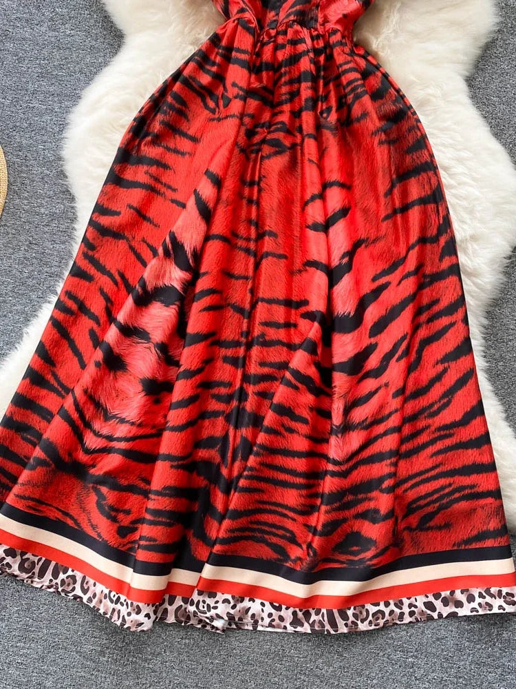 Party Dress Summer Leopard Print Three-dimensional Midi Dresses a Line High Waist Long Robe