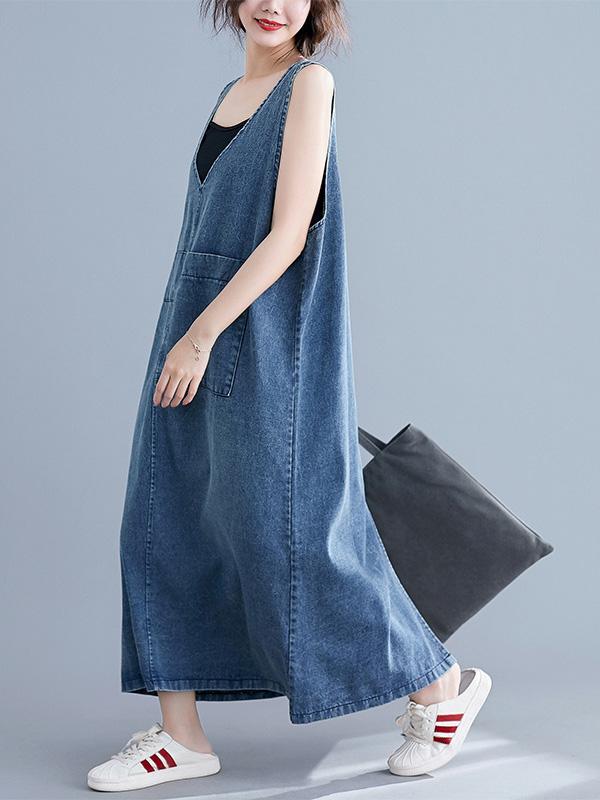 Loose Sleeveless Denim V-neck Midi Dress