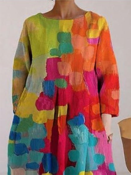 Loose Colorful Contrast Color Printed Round-neck Midi Dresses