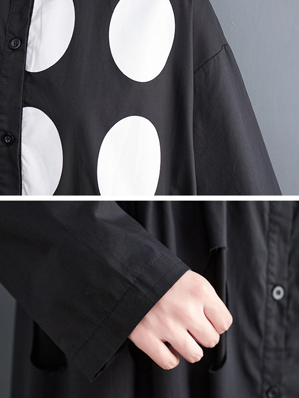 Stylish Long Sleeves A-line Polka Dot Polo Shirt Midi Dresses