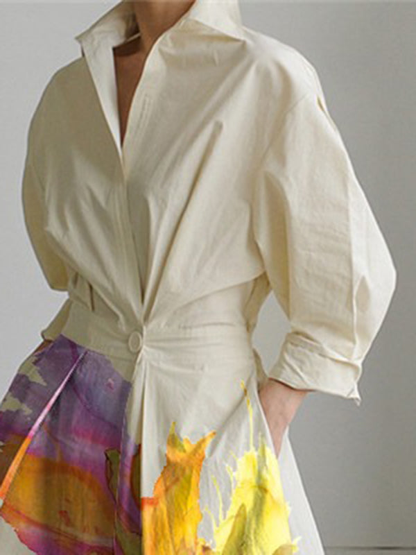 Long Sleeves Loose Printed Pleated Split-joint Tied Waist Lapel Midi Dresses Shirt Dress