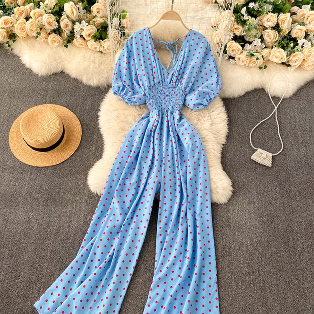 Stylish Army Green V-neck Polka Dot Puff Sleeve Wide Leg Jumpsuit