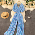 Stylish Army Green V-neck Polka Dot Puff Sleeve Wide Leg Jumpsuit